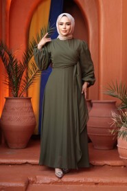 Modest Evening Dress - Tie Detailed Khaki Modest Evening Dress 62261HK - 3