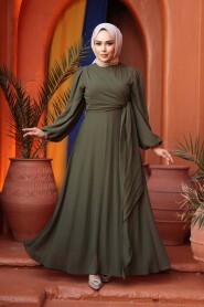 Modest Evening Dress - Tie Detailed Khaki Modest Evening Dress 62261HK - 1