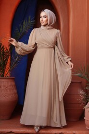 Modest Evening Dress - Tie Detailed Mink Modest Evening Dress 62261V - 2