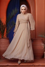 Modest Evening Dress - Tie Detailed Mink Modest Evening Dress 62261V - 1