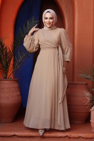 Modest Evening Dress - Tie Detailed Mink Modest Evening Dress 62261V - 3