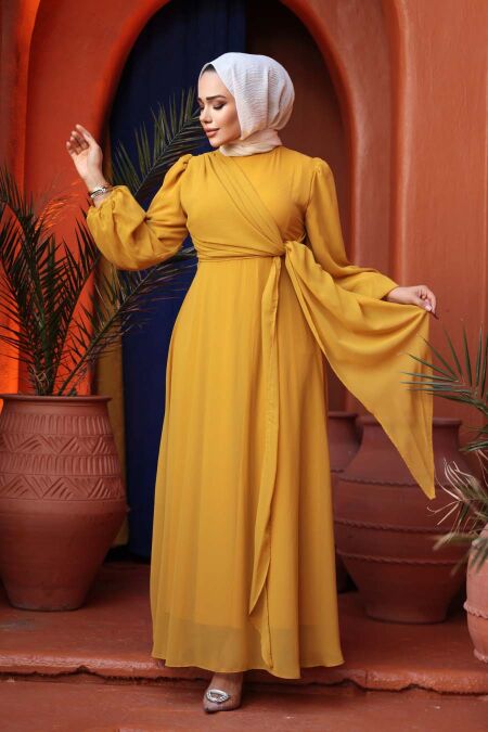 Modest Evening Dress - Tie Detailed Mustard Modest Evening Dress 62261HR - NEVA STYLE