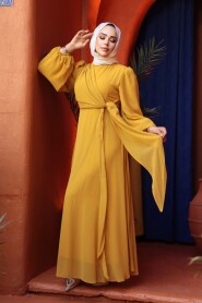Modest Evening Dress - Tie Detailed Mustard Modest Evening Dress 62261HR - 2