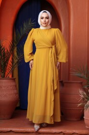 Modest Evening Dress - Tie Detailed Mustard Modest Evening Dress 62261HR - 3
