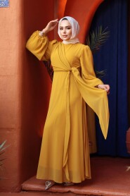 Modest Evening Dress - Tie Detailed Mustard Modest Evening Dress 62261HR - 4
