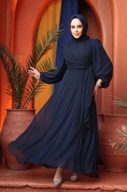 Modest Evening Dress - Tie Detailed Navy Modest Evening Dress 62261L - 1