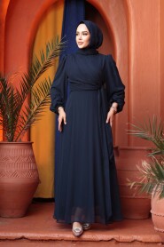 Modest Evening Dress - Tie Detailed Navy Modest Evening Dress 62261L - 2