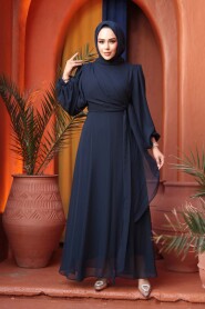 Modest Evening Dress - Tie Detailed Navy Modest Evening Dress 62261L - 3