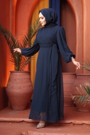 Modest Evening Dress - Tie Detailed Navy Modest Evening Dress 62261L - 4