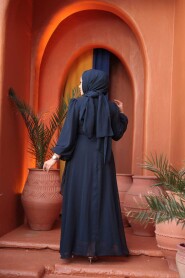 Modest Evening Dress - Tie Detailed Navy Modest Evening Dress 62261L - 5