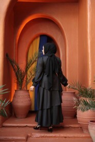 Modest Evening Dress - Tiered Skirt Black Modest Evening Dress 62291S - 4