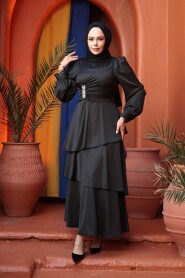 Modest Evening Dress - Tiered Skirt Black Modest Evening Dress 62291S - 2