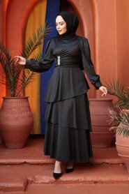 Modest Evening Dress - Tiered Skirt Black Modest Evening Dress 62291S - 1