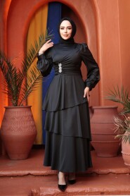 Modest Evening Dress - Tiered Skirt Black Modest Evening Dress 62291S - 3