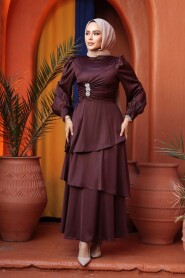 Modest Evening Dress - Tiered Skirt Dark Brown Modest Evening Dress 62291KKH - 3