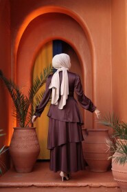 Modest Evening Dress - Tiered Skirt Dark Brown Modest Evening Dress 62291KKH - 4