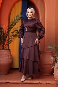 Modest Evening Dress - Tiered Skirt Dark Brown Modest Evening Dress 62291KKH - 2
