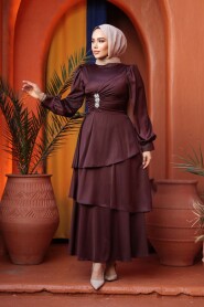 Modest Evening Dress - Tiered Skirt Dark Brown Modest Evening Dress 62291KKH - 1