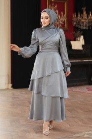 Modest Evening Dress - Tiered Skirt Grey Modest Evening Dress 62291GR - 2