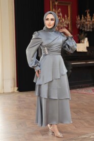Modest Evening Dress - Tiered Skirt Grey Modest Evening Dress 62291GR - 3