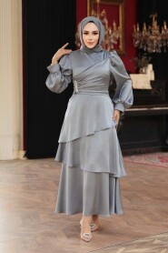 Modest Evening Dress - Tiered Skirt Grey Modest Evening Dress 62291GR - 1