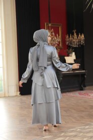 Modest Evening Dress - Tiered Skirt Grey Modest Evening Dress 62291GR - 4