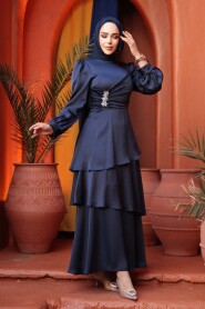 Modest Evening Dress - Tiered Skirt Navy Modest Evening Dress 62291L - 2