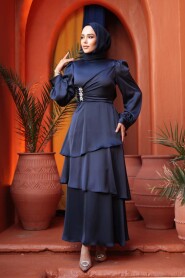 Modest Evening Dress - Tiered Skirt Navy Modest Evening Dress 62291L - 1