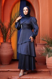 Modest Evening Dress - Tiered Skirt Navy Modest Evening Dress 62291L - 3
