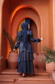 Modest Evening Dress - Tiered Skirt Navy Modest Evening Dress 62291L - 4