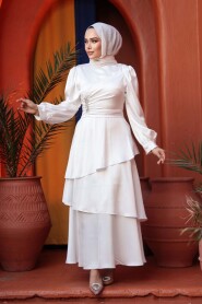 Modest Evening Dress - Tiered Skirt White Modest Evening Dress 62291B - 1
