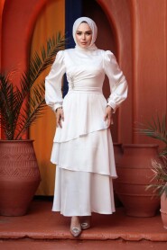 Modest Evening Dress - Tiered Skirt White Modest Evening Dress 62291B - 2