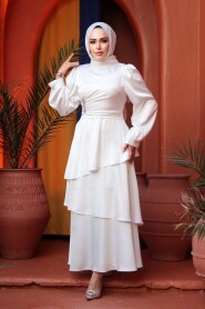 Modest Evening Dress - Tiered Skirt White Modest Evening Dress 62291B - 3