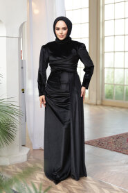 Modest Evening Dress - Tail Detail Black Modest Velvet Evening Dress 57912S - 2