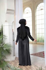 Modest Evening Dress - Tail Detail Black Modest Velvet Evening Dress 57912S - 3