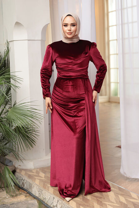 Modest Evening Dress - Tail Detail Claret Red Modest Velvet Evening Dress 57912BR - NEVA STYLE
