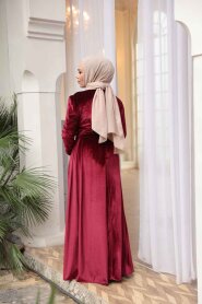 Modest Evening Dress - Tail Detail Claret Red Modest Velvet Evening Dress 57912BR - 3