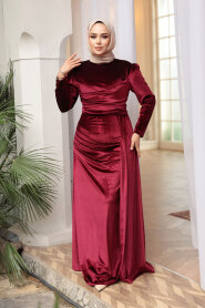 Modest Evening Dress - Tail Detail Claret Red Modest Velvet Evening Dress 57912BR - 2