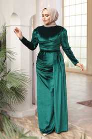 Modest Evening Dress - Tail Detail Emerald Green Modest Velvet Evening Dress 57912ZY - 1