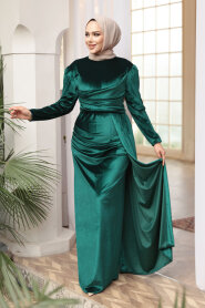 Modest Evening Dress - Tail Detail Emerald Green Modest Velvet Evening Dress 57912ZY - 2