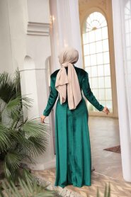 Modest Evening Dress - Tail Detail Emerald Green Modest Velvet Evening Dress 57912ZY - 3