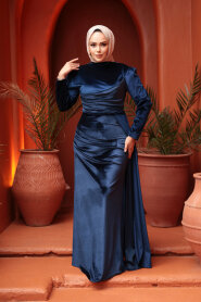 Modest Evening Dress - Tail Detail Navy Blue Modest Velvet Evening Dress 57912L - 1