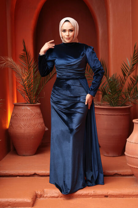 Modest Evening Dress - Tail Detail Navy Blue Modest Velvet Evening Dress 57912L - NEVA STYLE