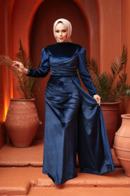 Modest Evening Dress - Tail Detail Navy Blue Modest Velvet Evening Dress 57912L - 2
