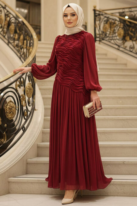 Modest Evening Dress - Wave Pattern Ruched Claret Red Modest Evening Dress 5538BR - 
