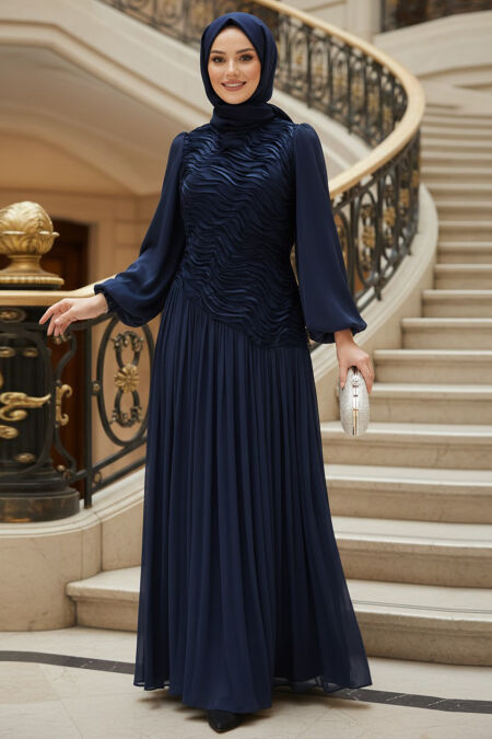 Modest Evening Dress - Wave Pattern Ruched Navy Blue Modest Evening Dress 5538L - 