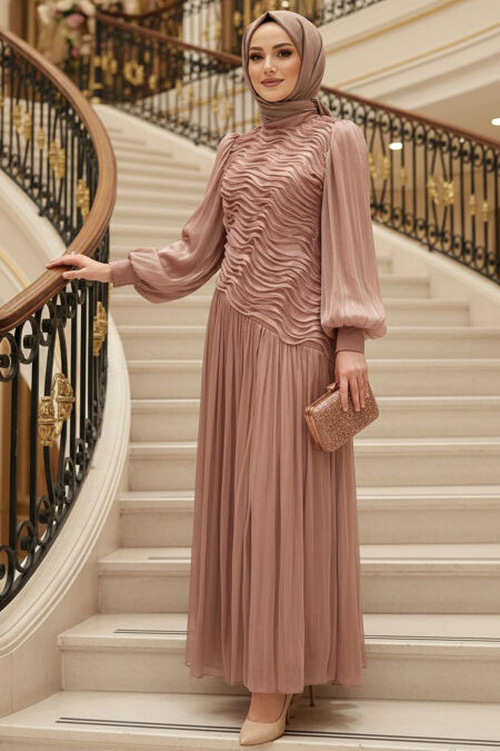 Modest Evening Dress - Wave Pattern Ruched Salmon Modest Evening Dress 5538SMN - 