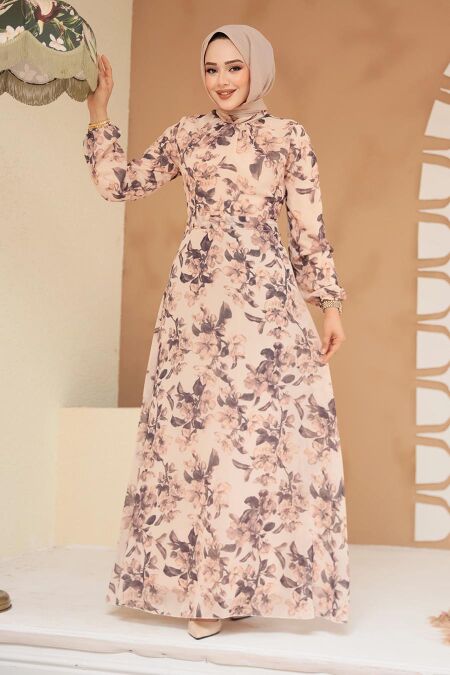 Modest Floral Beige Plus Size Dress 27999BEJ - NEVA STYLE