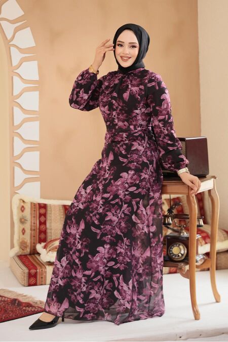 Modest Floral Black Plus Size Dress 27999S - NEVA STYLE