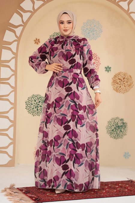 Modest Floral Plum Color Plus Size Dress 279901MU - NEVA STYLE